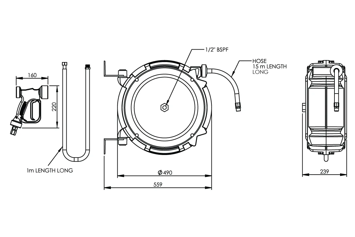 Hot or Cold Water Wash Down Hose Reel with Trigger Spray