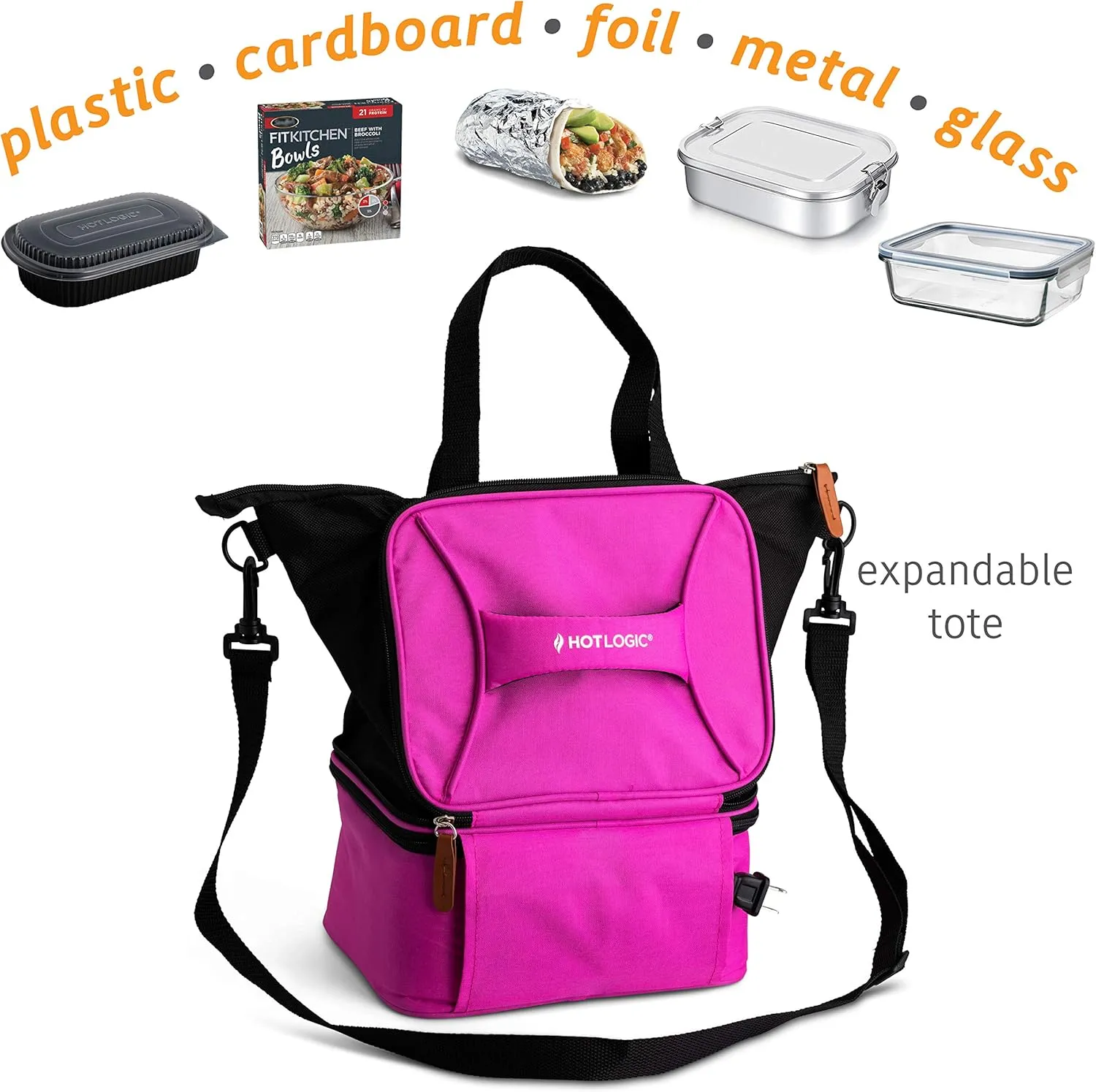 HotLogic 16801172-PK Food Warming Tote Lunch Bag Plus 120V with Glass Dish, Pink