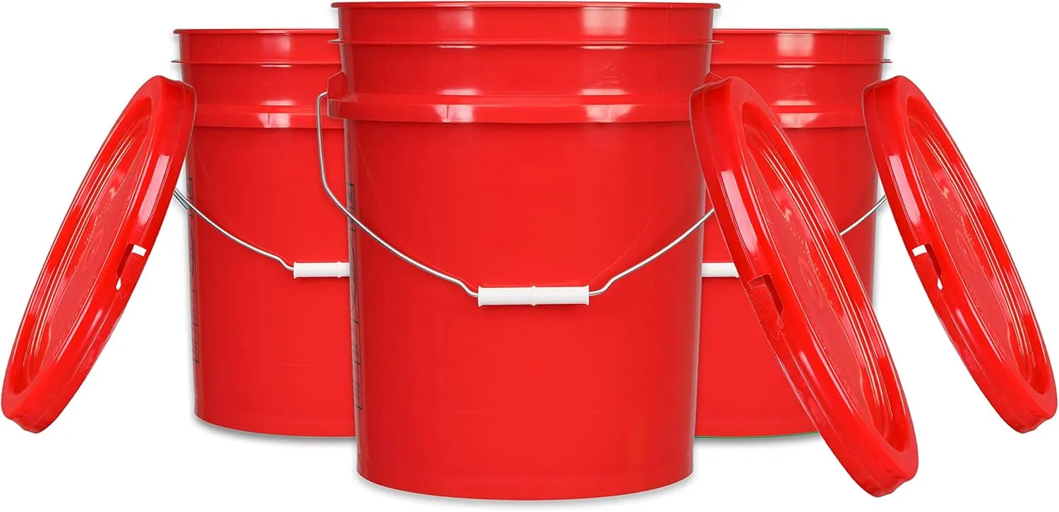 House Naturals 5 Gal Red Buckets with Lids - Food Grade - Pack of 3