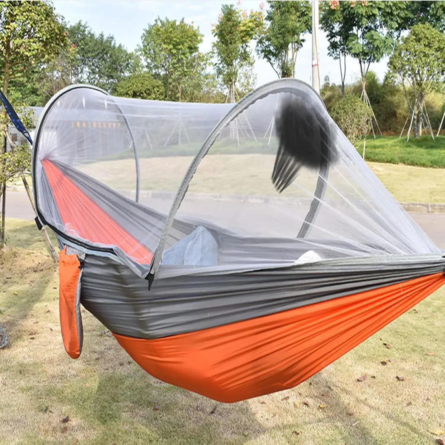 HUHJYUGE Camping Hammock with Mosquito Net, 2 Person Pop-up Hanging Hammocks with Tree Straps, Portable Nylon Parachute Hammock Bed, for Outdoor Travel, Backpacking (B)