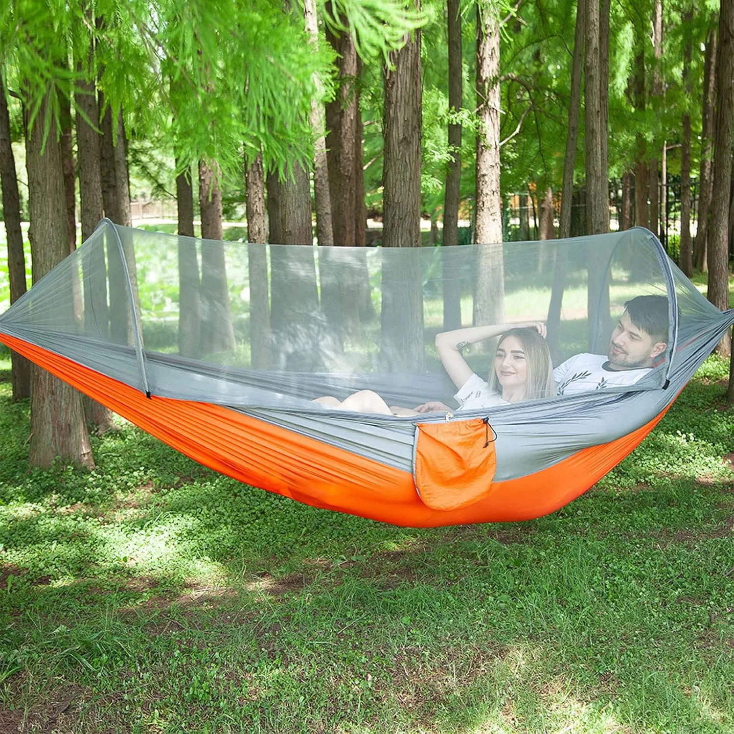 HUHJYUGE Camping Hammock with Mosquito Net, 2 Person Pop-up Hanging Hammocks with Tree Straps, Portable Nylon Parachute Hammock Bed, for Outdoor Travel, Backpacking (B)