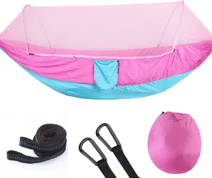 HUHJYUGE Camping Hammock with Mosquito Net, 2 Person Pop-up Hanging Hammocks with Tree Straps, Portable Nylon Parachute Hammock Bed, for Outdoor Travel, Backpacking (B)