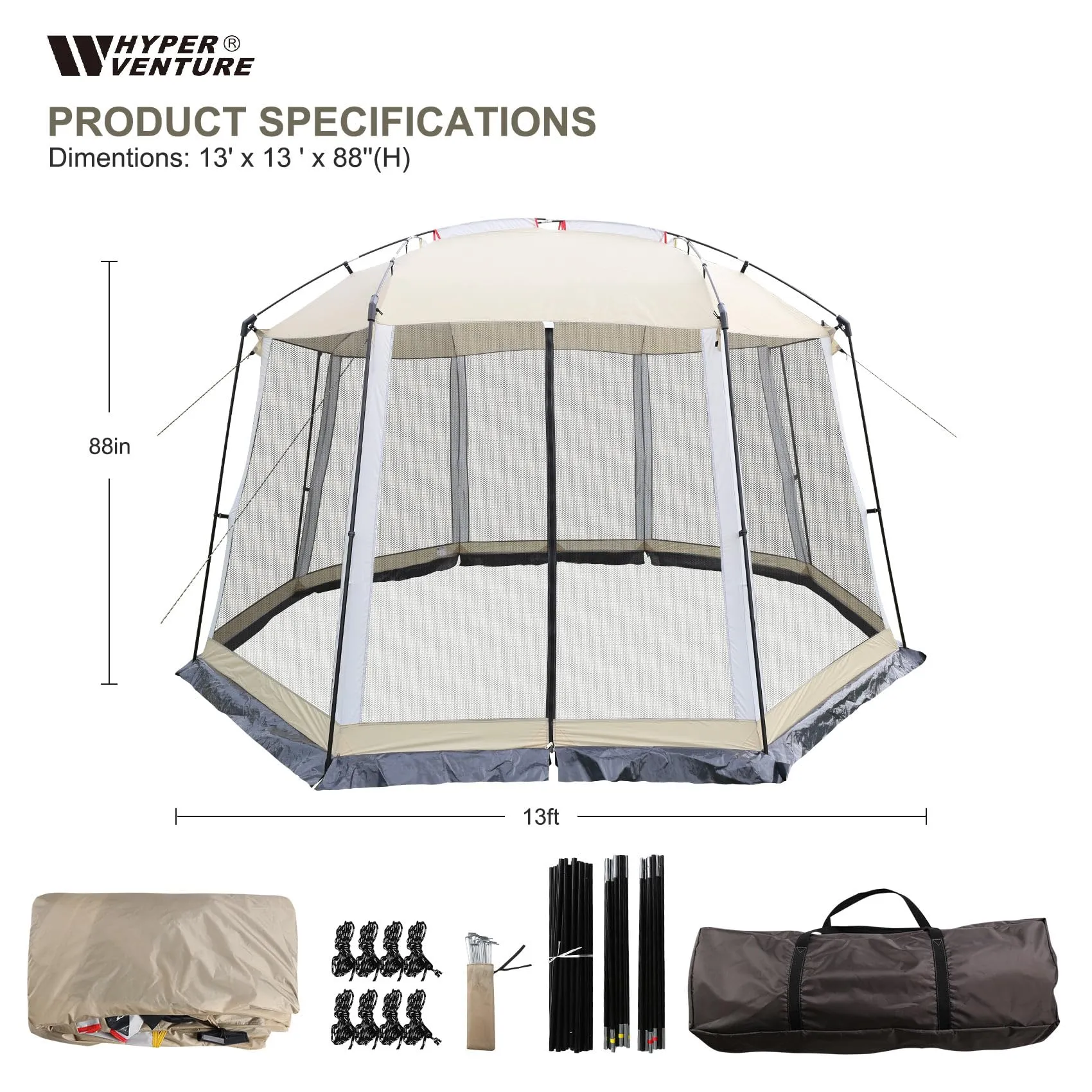 HYPER VENTURE Screen House 13x13 Feet Octagonal Mesh Canopy Camping Gazebo Shelter Tent for 8-10 People Outdoor Party Activities, Khaki