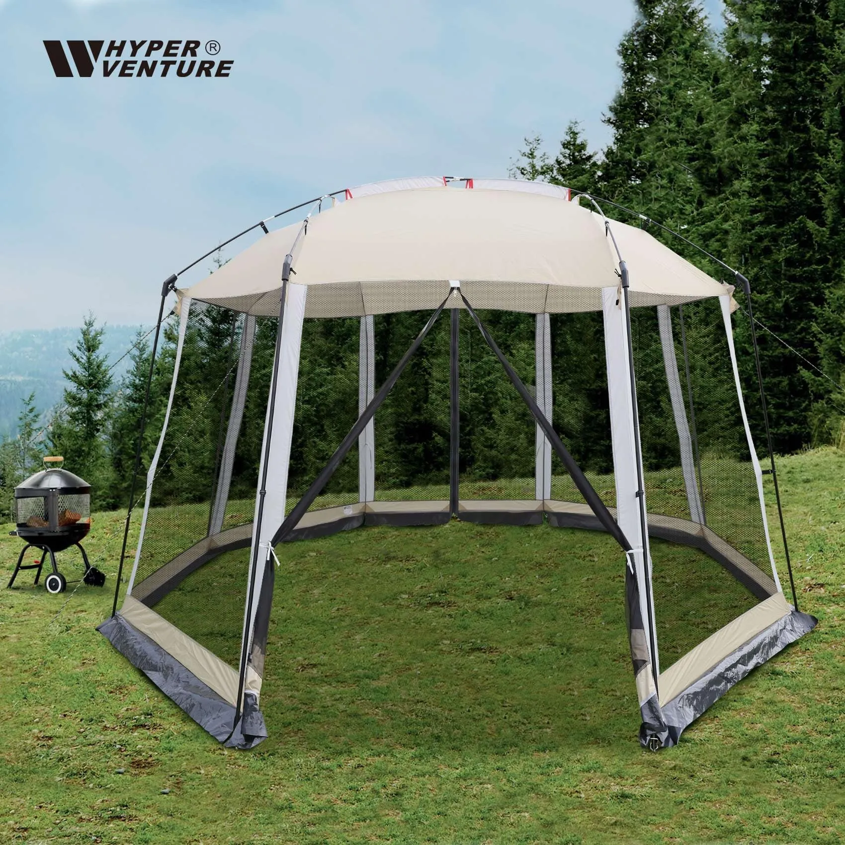 HYPER VENTURE Screen House 13x13 Feet Octagonal Mesh Canopy Camping Gazebo Shelter Tent for 8-10 People Outdoor Party Activities, Khaki