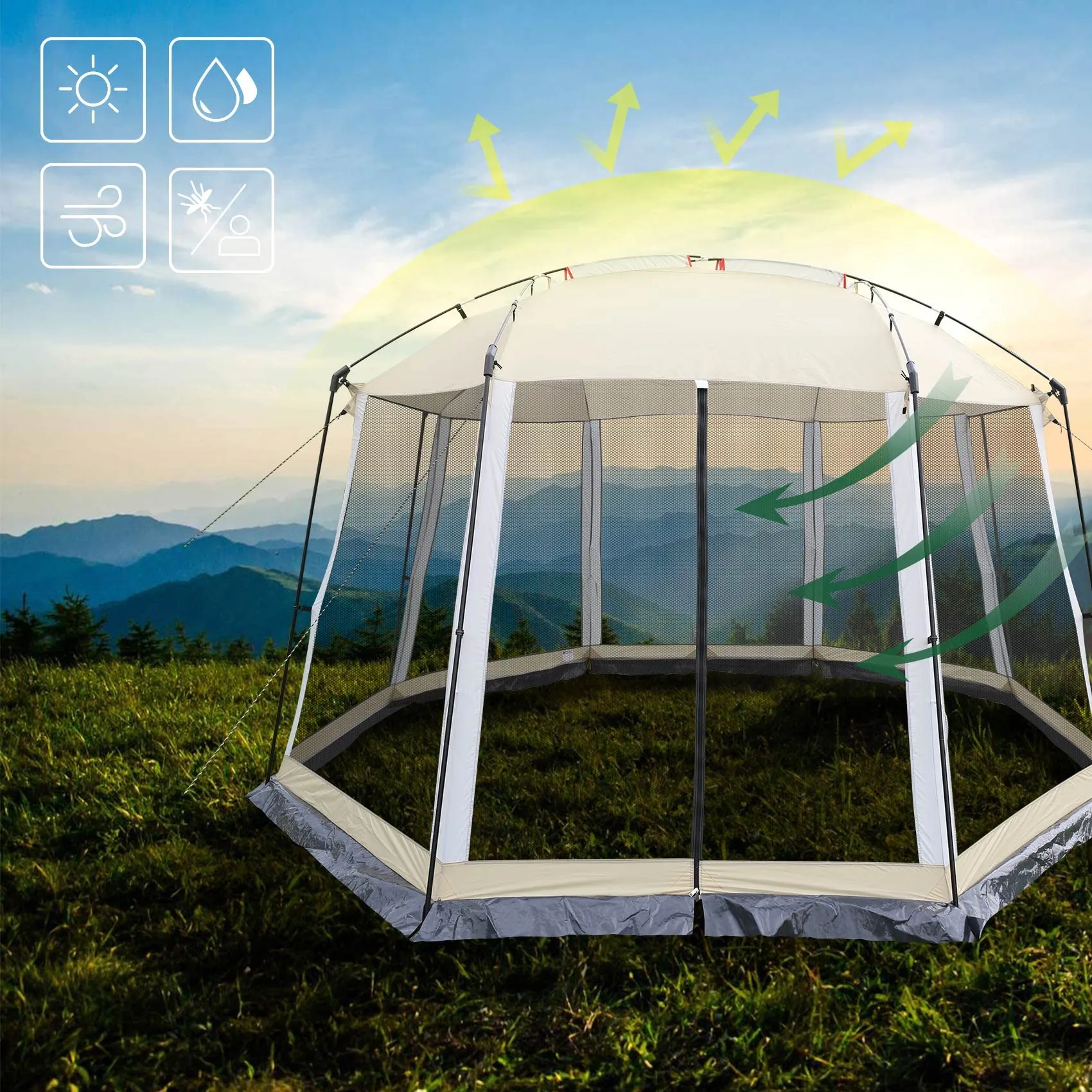 HYPER VENTURE Screen House 13x13 Feet Octagonal Mesh Canopy Camping Gazebo Shelter Tent for 8-10 People Outdoor Party Activities, Khaki