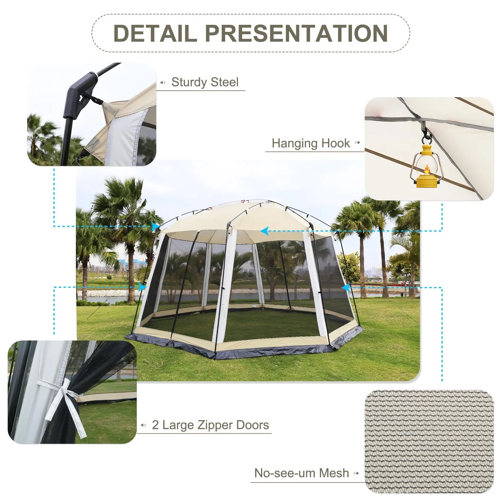 HYPER VENTURE Screen House 13x13 Feet Octagonal Mesh Canopy Camping Gazebo Shelter Tent for 8-10 People Outdoor Party Activities, Khaki