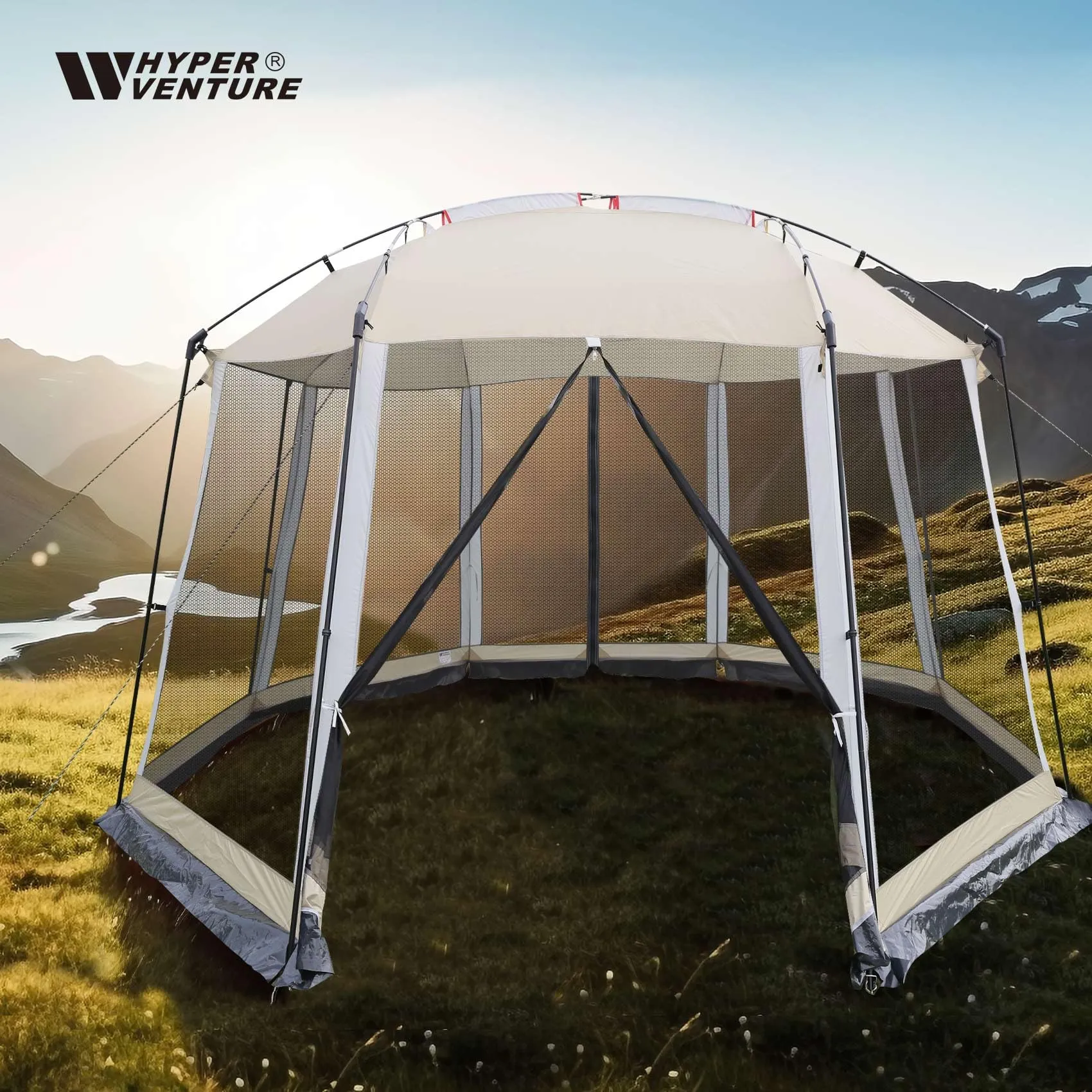 HYPER VENTURE Screen House 13x13 Feet Octagonal Mesh Canopy Camping Gazebo Shelter Tent for 8-10 People Outdoor Party Activities, Khaki