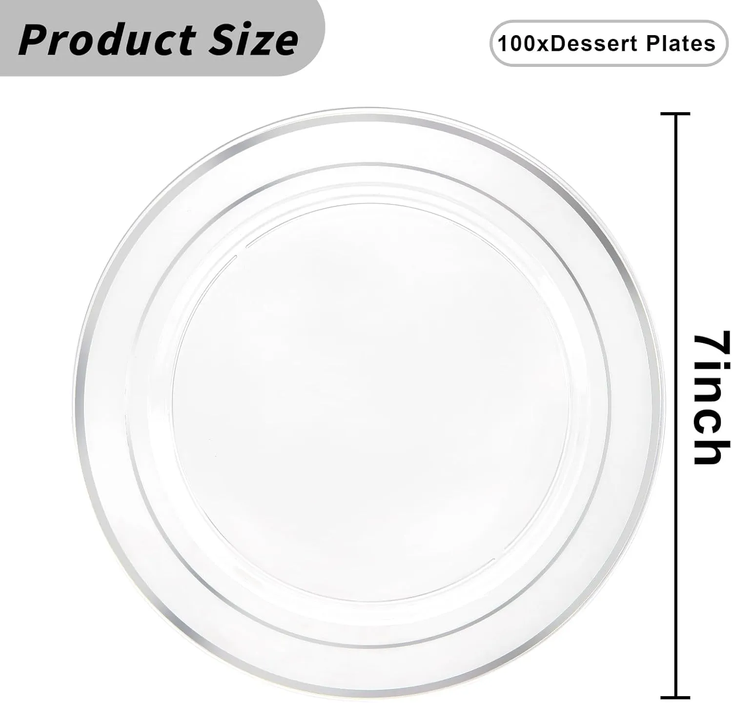 I00000 100Pcs Clear Silver Plastic Plates,Silver Rim Plates 7 Inch,Heavy Duty Premium Clear Dish for Wedding Party Supplies for Salad Dessert Cake