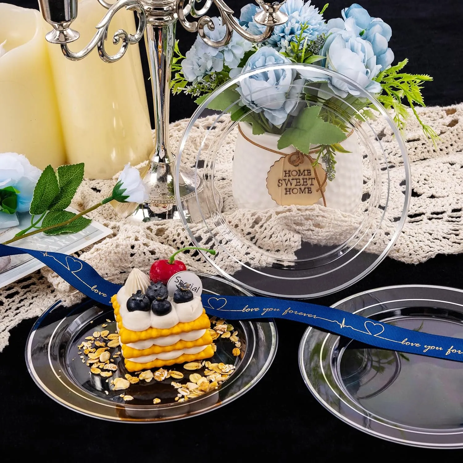 I00000 100Pcs Clear Silver Plastic Plates,Silver Rim Plates 7 Inch,Heavy Duty Premium Clear Dish for Wedding Party Supplies for Salad Dessert Cake