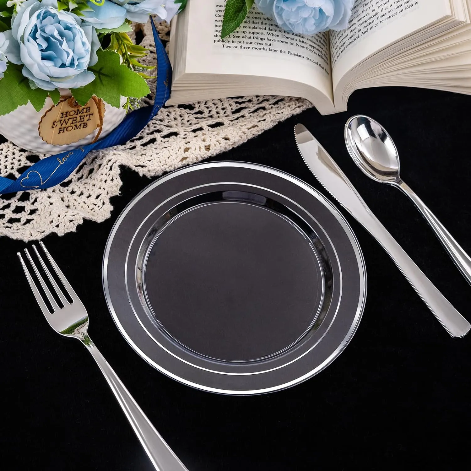 I00000 100Pcs Clear Silver Plastic Plates,Silver Rim Plates 7 Inch,Heavy Duty Premium Clear Dish for Wedding Party Supplies for Salad Dessert Cake