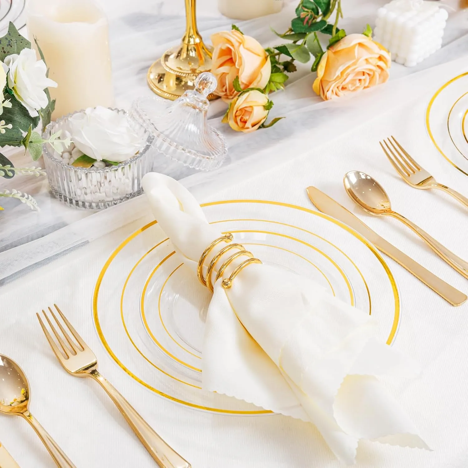 I00000 102 Pcs Clear Gold Plastic Plates - Disposable Party Plates, Gold Plates Disposable Include 51 Dinner Plates and 51 Dessert Plates, Plastic Plates for Party, Holiday, Wedding & Birthday