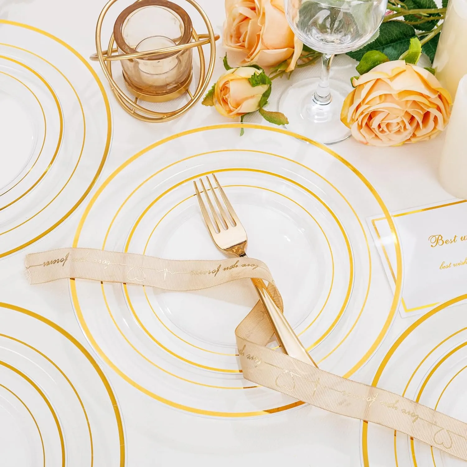 I00000 102 Pcs Clear Gold Plastic Plates - Disposable Party Plates, Gold Plates Disposable Include 51 Dinner Plates and 51 Dessert Plates, Plastic Plates for Party, Holiday, Wedding & Birthday