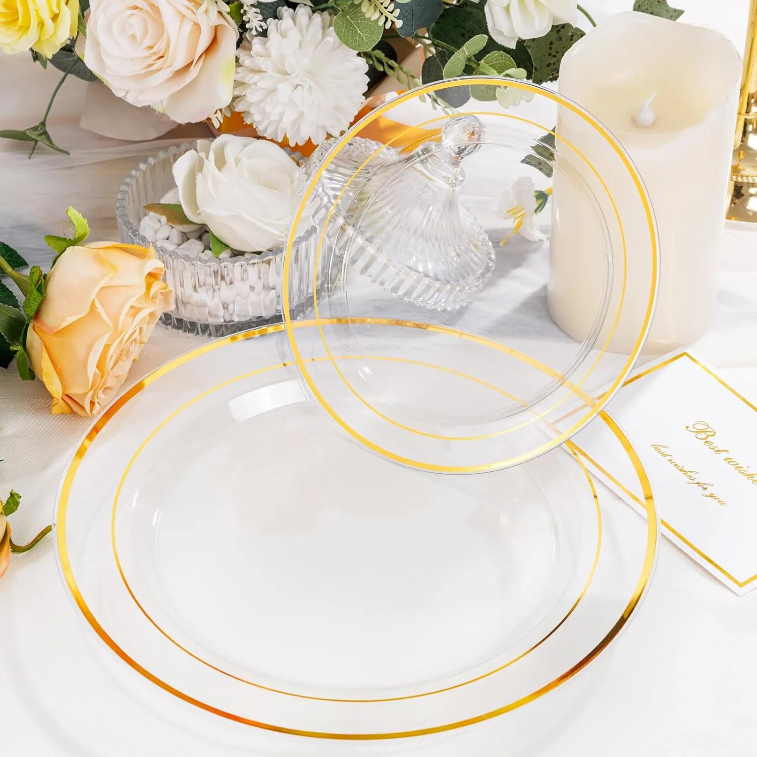 I00000 102 Pcs Clear Gold Plastic Plates - Disposable Party Plates, Gold Plates Disposable Include 51 Dinner Plates and 51 Dessert Plates, Plastic Plates for Party, Holiday, Wedding & Birthday