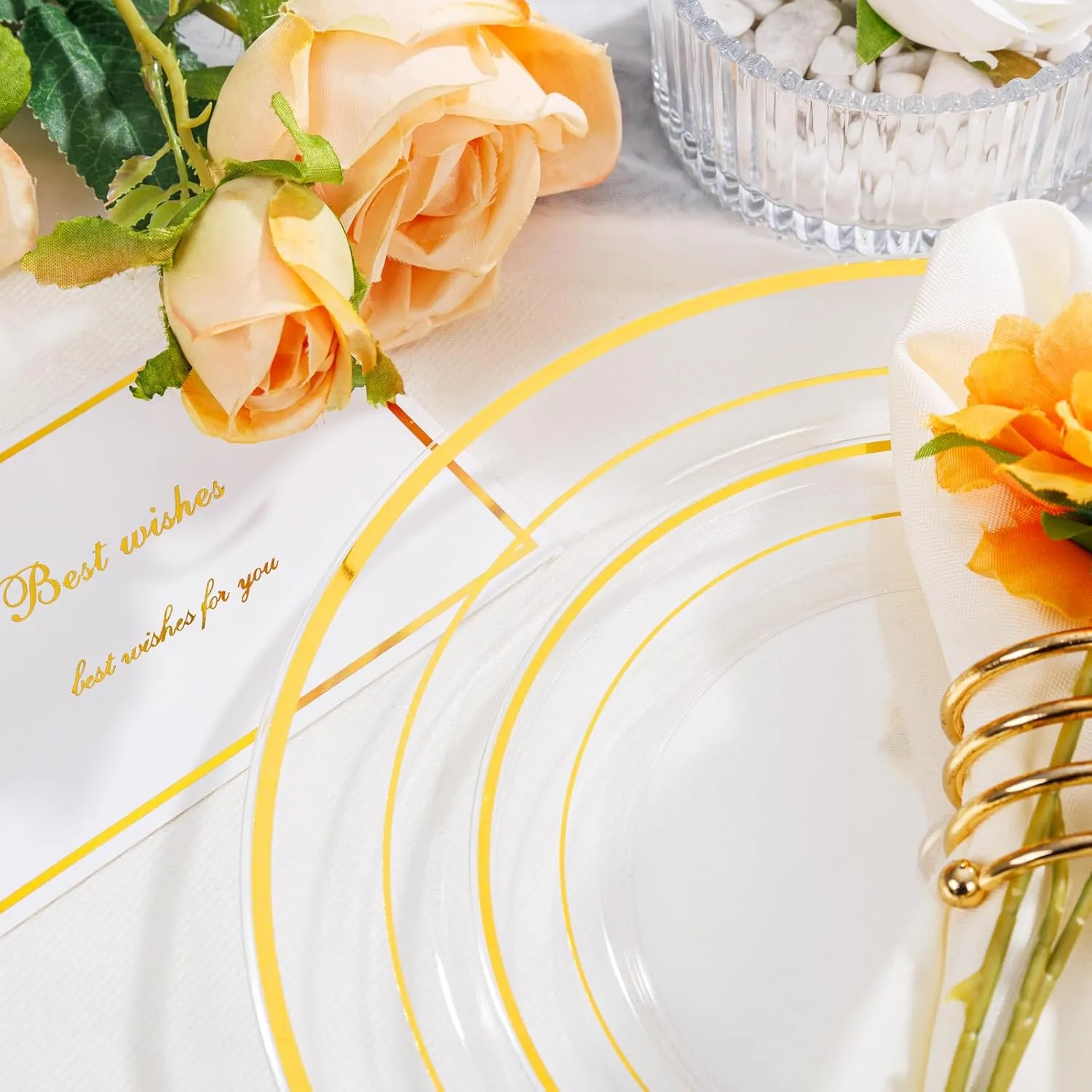 I00000 102 Pcs Clear Gold Plastic Plates - Disposable Party Plates, Gold Plates Disposable Include 51 Dinner Plates and 51 Dessert Plates, Plastic Plates for Party, Holiday, Wedding & Birthday
