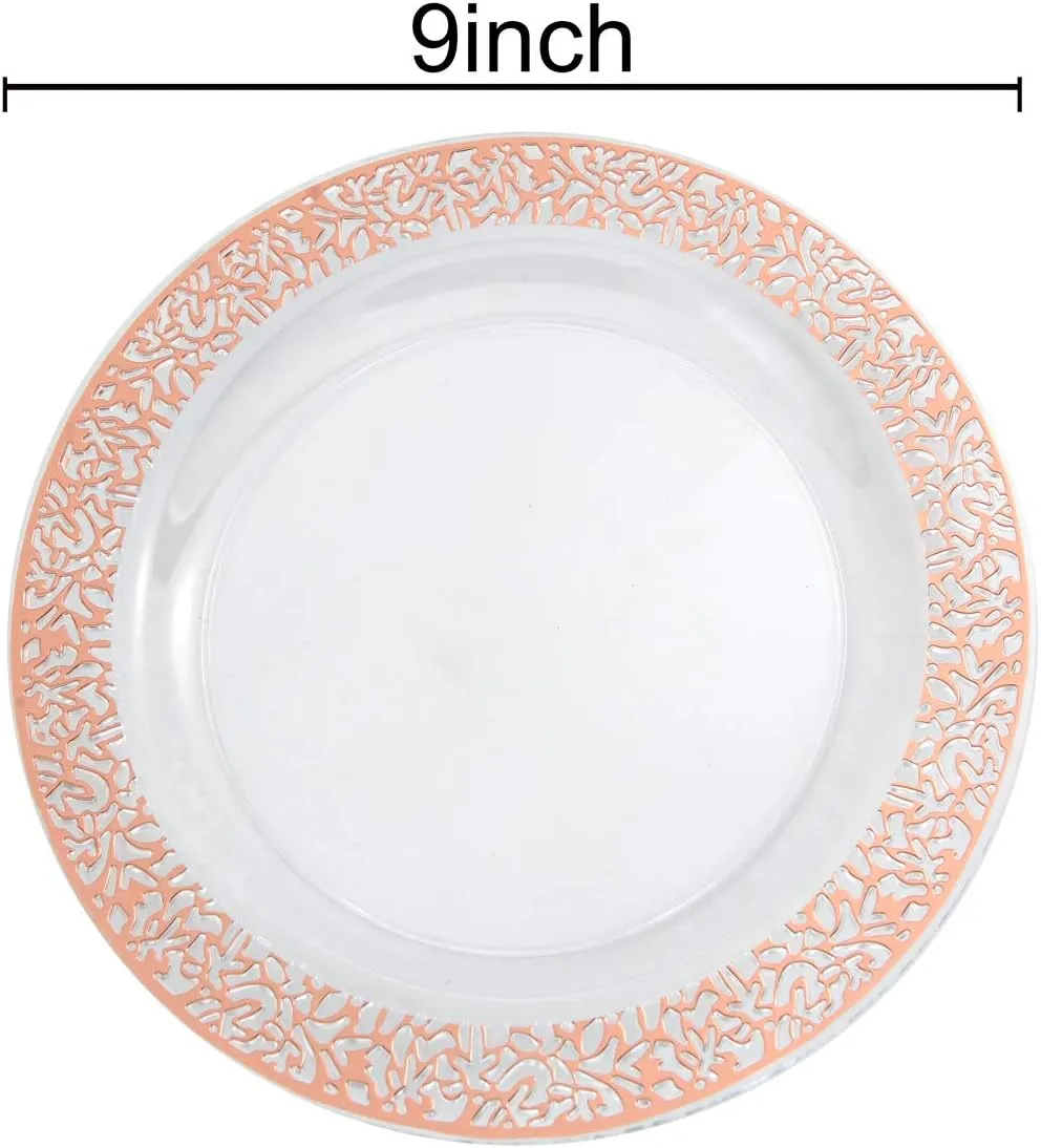I00000 102 Pieces Rose Gold Plastic Lunch Plates, 10” Clear Disposable Dinner Plates with Rose Gold Lace Rim, Ideal for Big Parties or Wedding for Wedding & Party