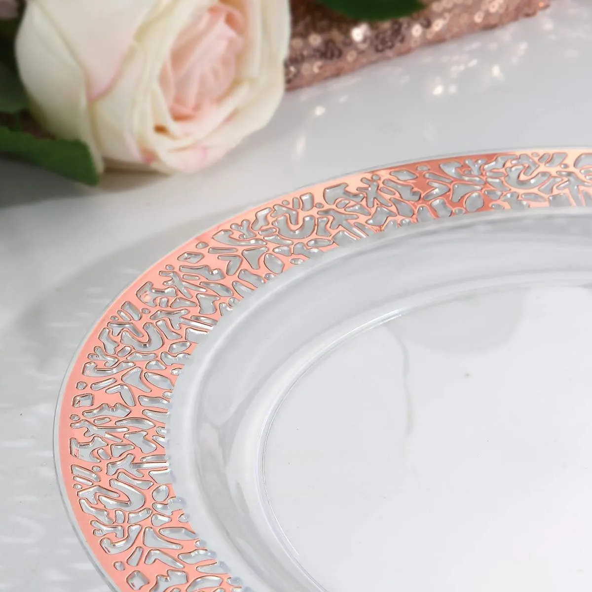 I00000 102 Pieces Rose Gold Plastic Lunch Plates, 10” Clear Disposable Dinner Plates with Rose Gold Lace Rim, Ideal for Big Parties or Wedding for Wedding & Party