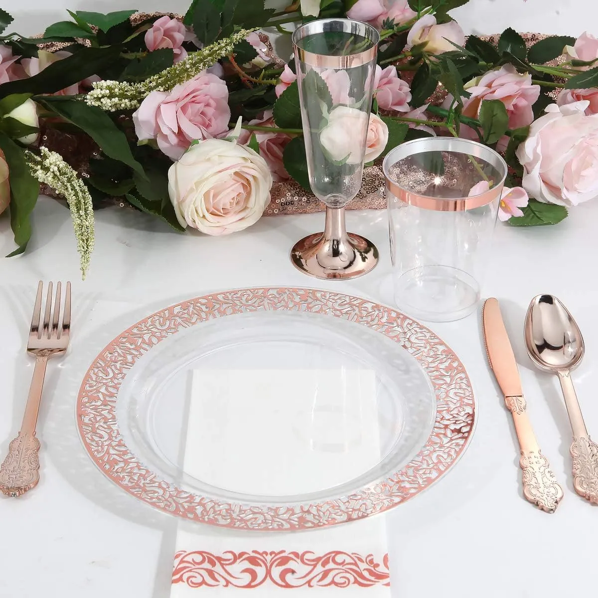 I00000 102 Pieces Rose Gold Plastic Lunch Plates, 10” Clear Disposable Dinner Plates with Rose Gold Lace Rim, Ideal for Big Parties or Wedding for Wedding & Party