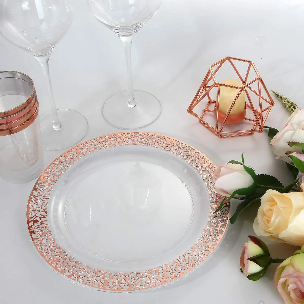 I00000 102 Pieces Rose Gold Plastic Lunch Plates, 10” Clear Disposable Dinner Plates with Rose Gold Lace Rim, Ideal for Big Parties or Wedding for Wedding & Party