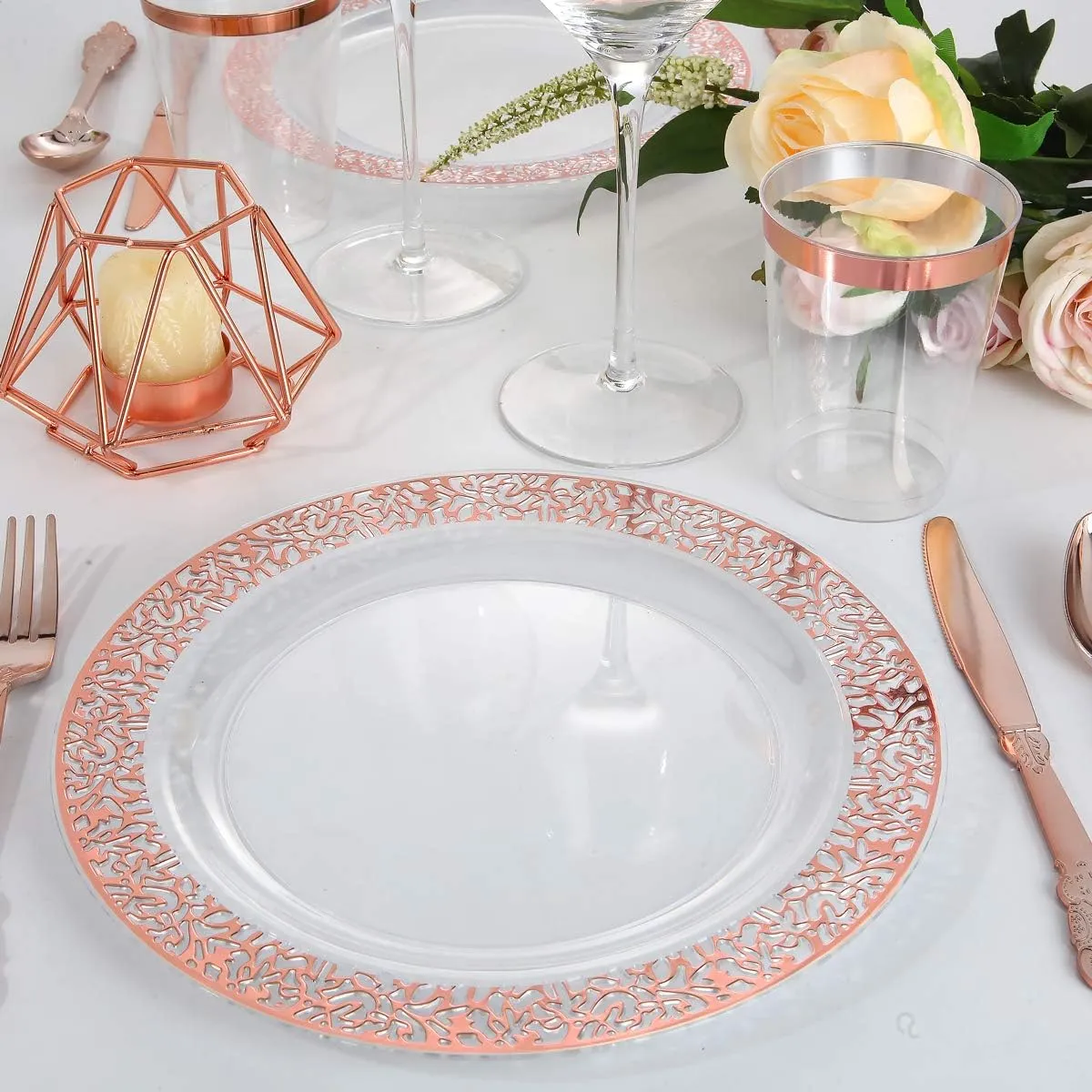I00000 102 Pieces Rose Gold Plastic Lunch Plates, 10” Clear Disposable Dinner Plates with Rose Gold Lace Rim, Ideal for Big Parties or Wedding for Wedding & Party