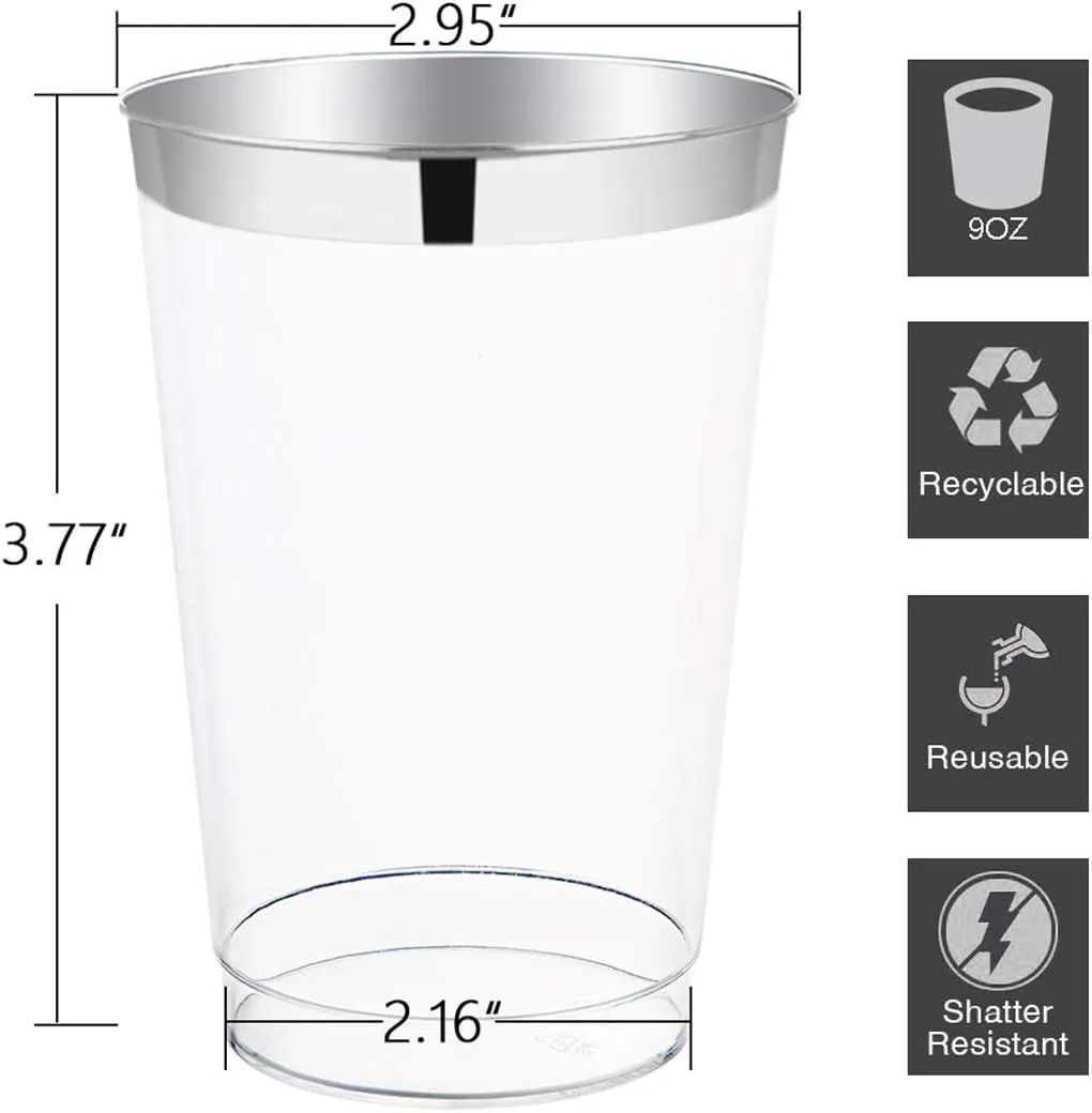 I00000 200pcs Silver Disposable Plastic Cups 10 oz Clear Old Fashioned Tumblers With Silver Rim - Fancy Wedding Party Cups, Elegant Wine Glasses, Cocktail Tumblers