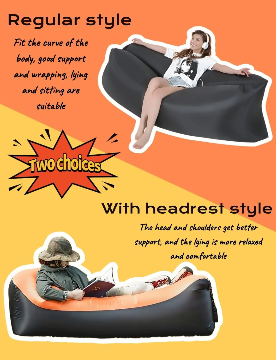 Inflatable Lounger Air Sofa Hammock - Portable, Water-Resistant and Leakproof Ideal for Backyard, Lakeside, Beach, Camping and More (Pillow-Shaped Purple and Black Splicing.)