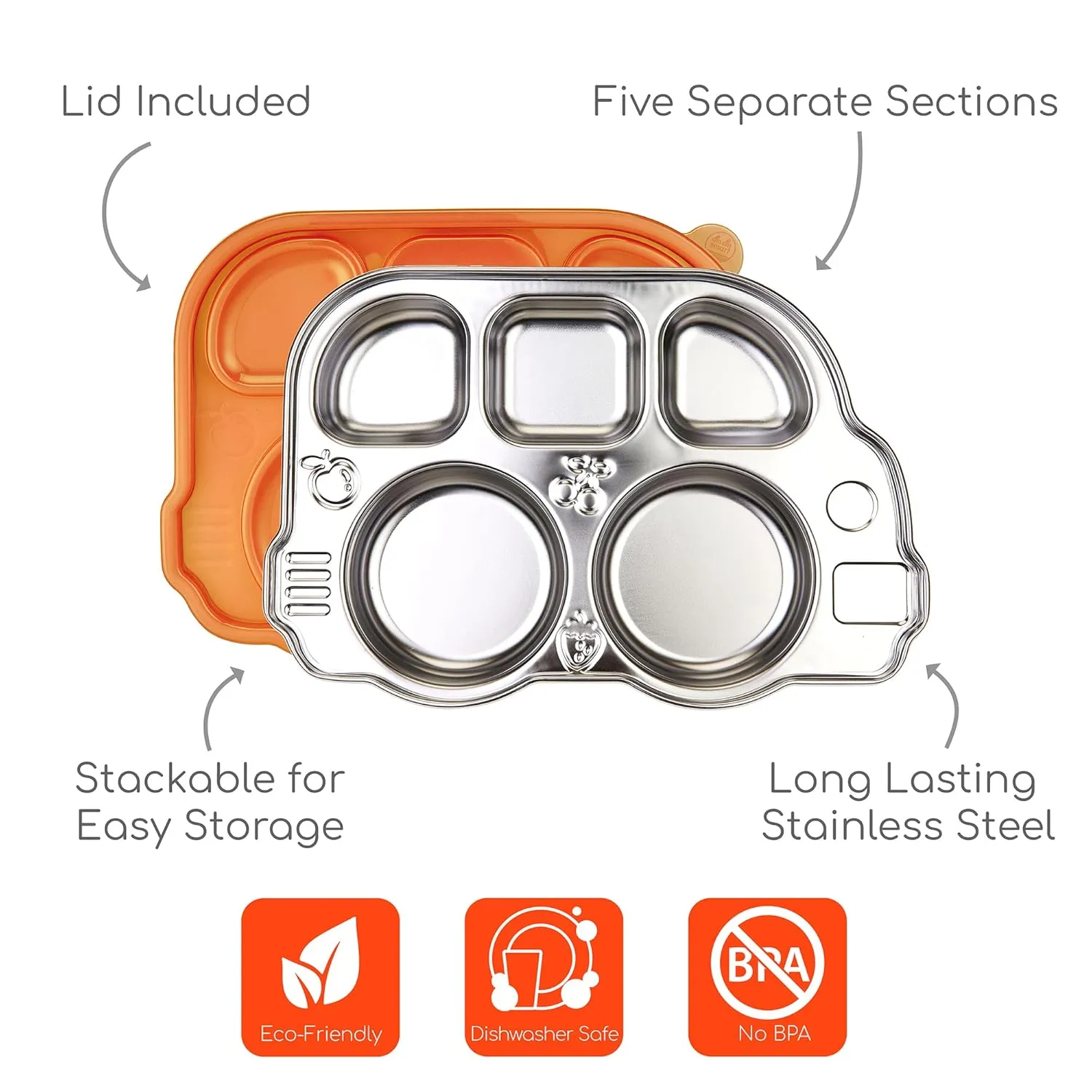 Innobaby Stainless Bus Plate with Sectional Lid, The Original, Leak-Resistant Divided Platter, Mom Invented Fun Shape Mealtime Solution for Babies, Toddlers and Kids, BPA Free Plate, Orange, 2 Pack