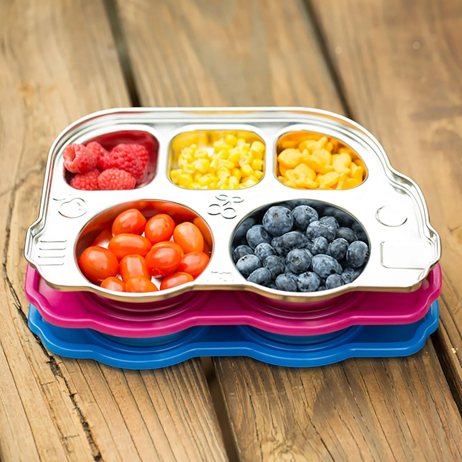 Innobaby Stainless Bus Plate with Sectional Lid, The Original, Leak-Resistant Divided Platter, Mom Invented Fun Shape Mealtime Solution for Babies, Toddlers and Kids, BPA Free Plate, Orange, 2 Pack