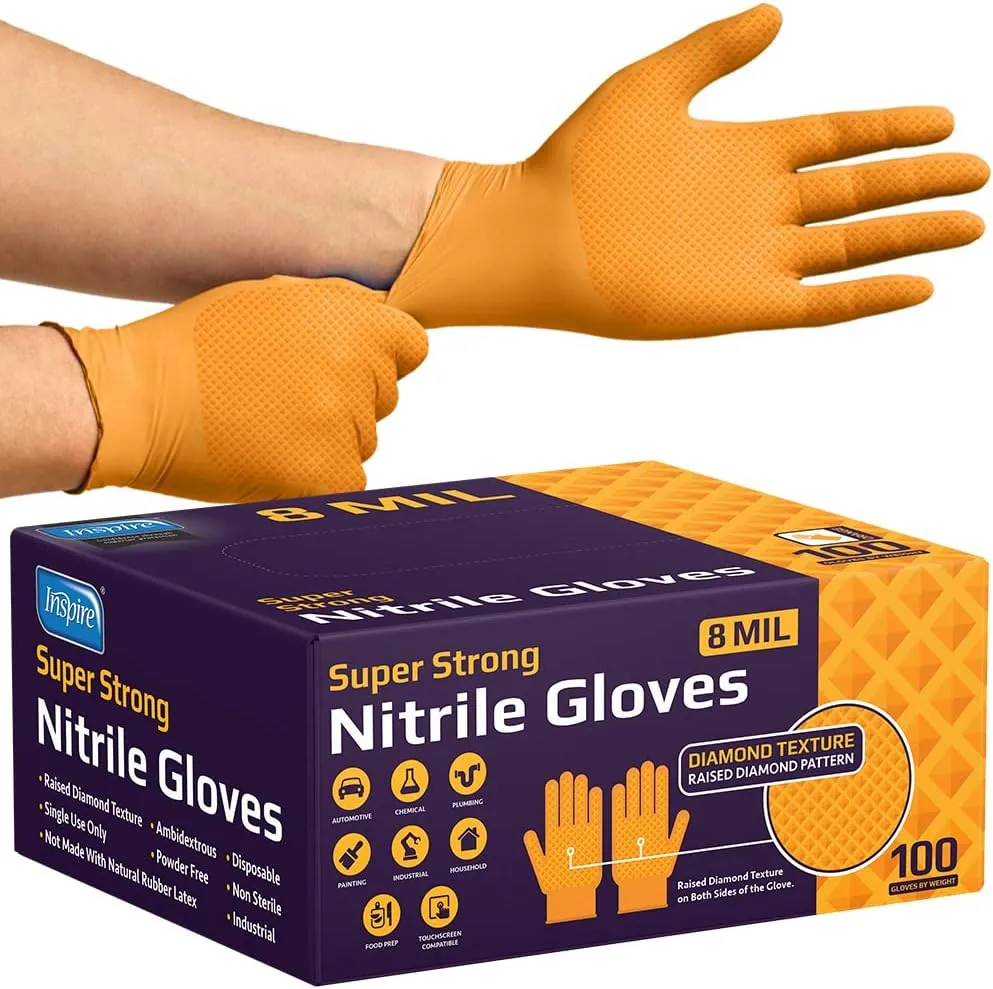 Inspire Heavy Duty Orange Nitrile Disposable Gloves | ULTRA 8 Mil Diamond Textured Grip | Industrial Mechanic Food