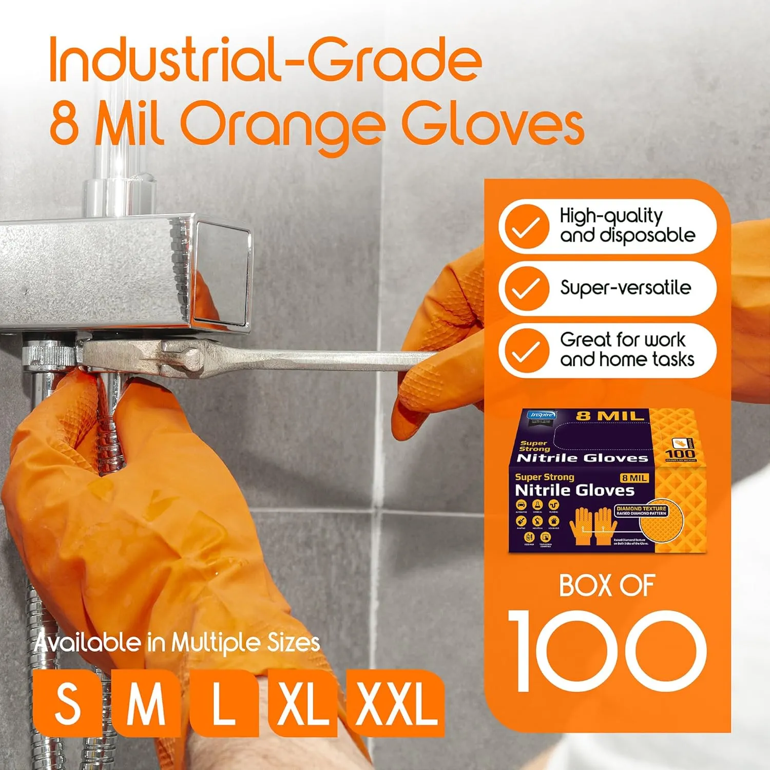 Inspire Heavy Duty Orange Nitrile Disposable Gloves | ULTRA 8 Mil Diamond Textured Grip | Industrial Mechanic Food