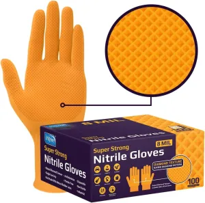 Inspire Heavy Duty Orange Nitrile Disposable Gloves | ULTRA 8 Mil Diamond Textured Grip | Industrial Mechanic Food