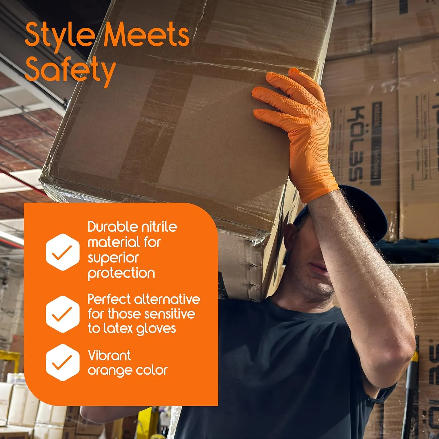Inspire Heavy Duty Orange Nitrile Disposable Gloves | ULTRA 8 Mil Diamond Textured Grip | Industrial Mechanic Food