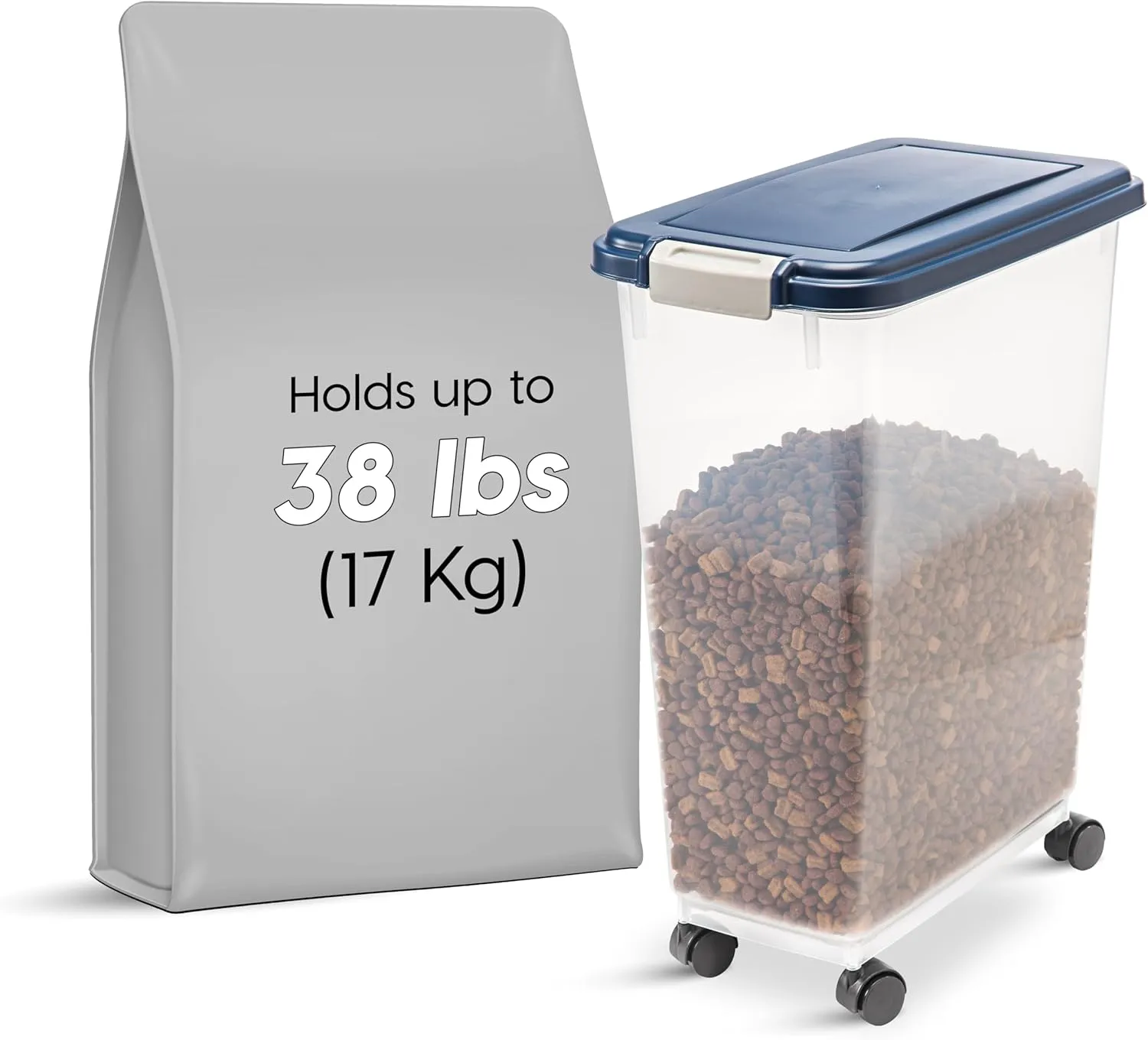 IRIS USA Airtight Dog Food Storage Container, Up to 38 lbs, Attachable Wheels, For Dog Cat Bird and Other Pet Food Storage Bin, Keep Fresh, Translucent Body, Easy Mobility, Navy