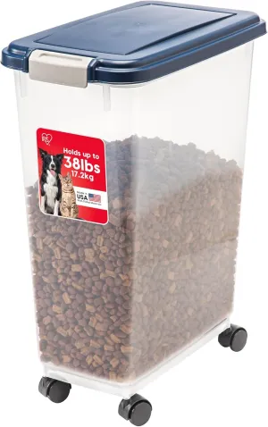 IRIS USA Airtight Dog Food Storage Container, Up to 38 lbs, Attachable Wheels, For Dog Cat Bird and Other Pet Food Storage Bin, Keep Fresh, Translucent Body, Easy Mobility, Navy