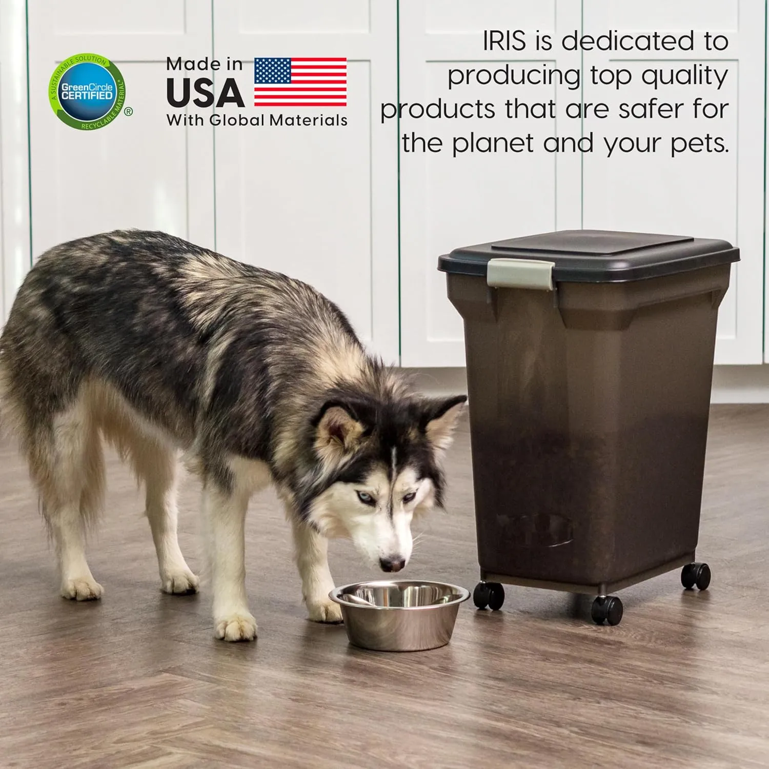 IRIS USA Airtight Dog Food Storage Container, WeatherPro, Up to 40 lbs, Removable Wheels, for Dog Cat Bird and Other Pet Food Storage Bin, Keep Fresh, Translucent Body, Made in USA, Smoke/Black