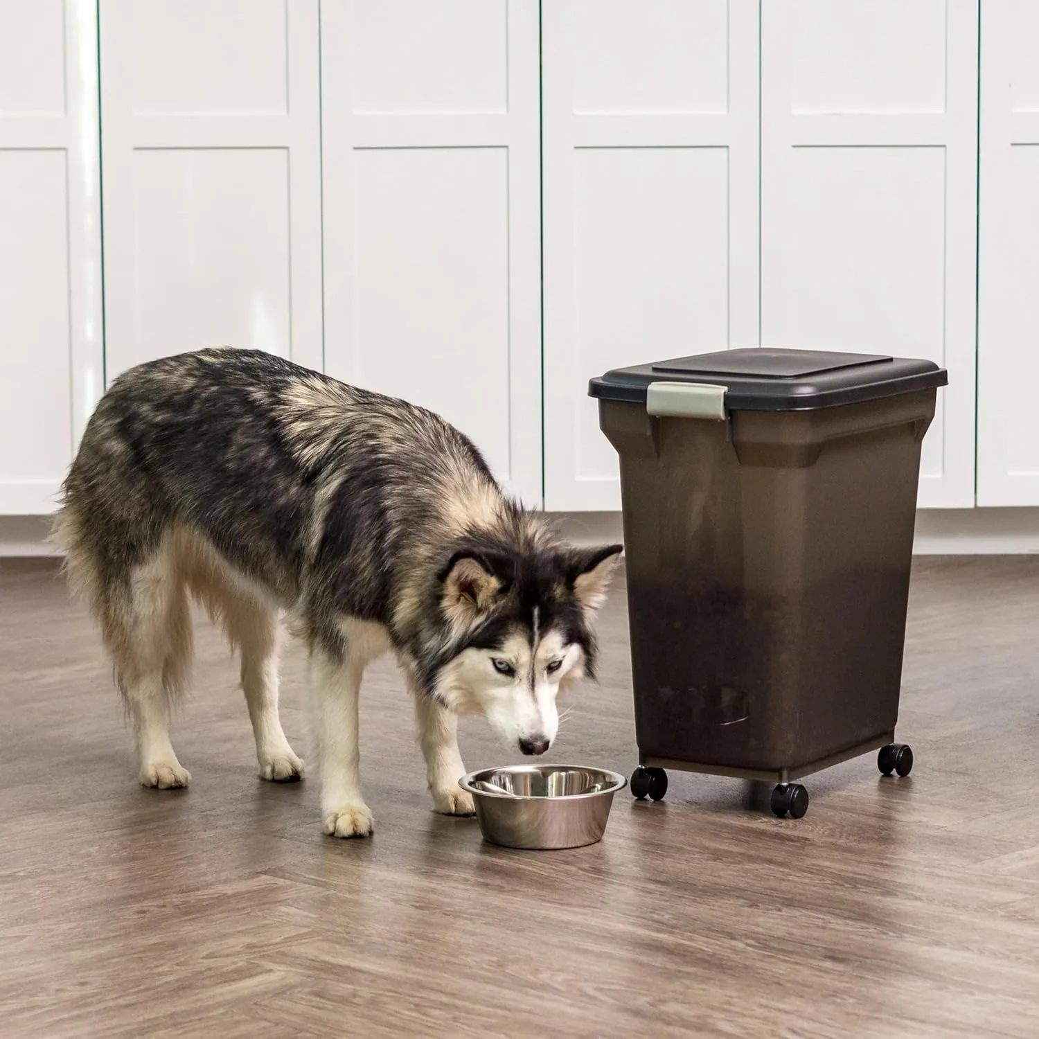 IRIS USA Airtight Dog Food Storage Container, WeatherPro, Up to 40 lbs, Removable Wheels, for Dog Cat Bird and Other Pet Food Storage Bin, Keep Fresh, Translucent Body, Made in USA, Smoke/Black