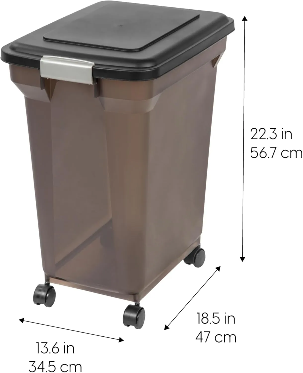IRIS USA Airtight Dog Food Storage Container, WeatherPro, Up to 40 lbs, Removable Wheels, for Dog Cat Bird and Other Pet Food Storage Bin, Keep Fresh, Translucent Body, Made in USA, Smoke/Black