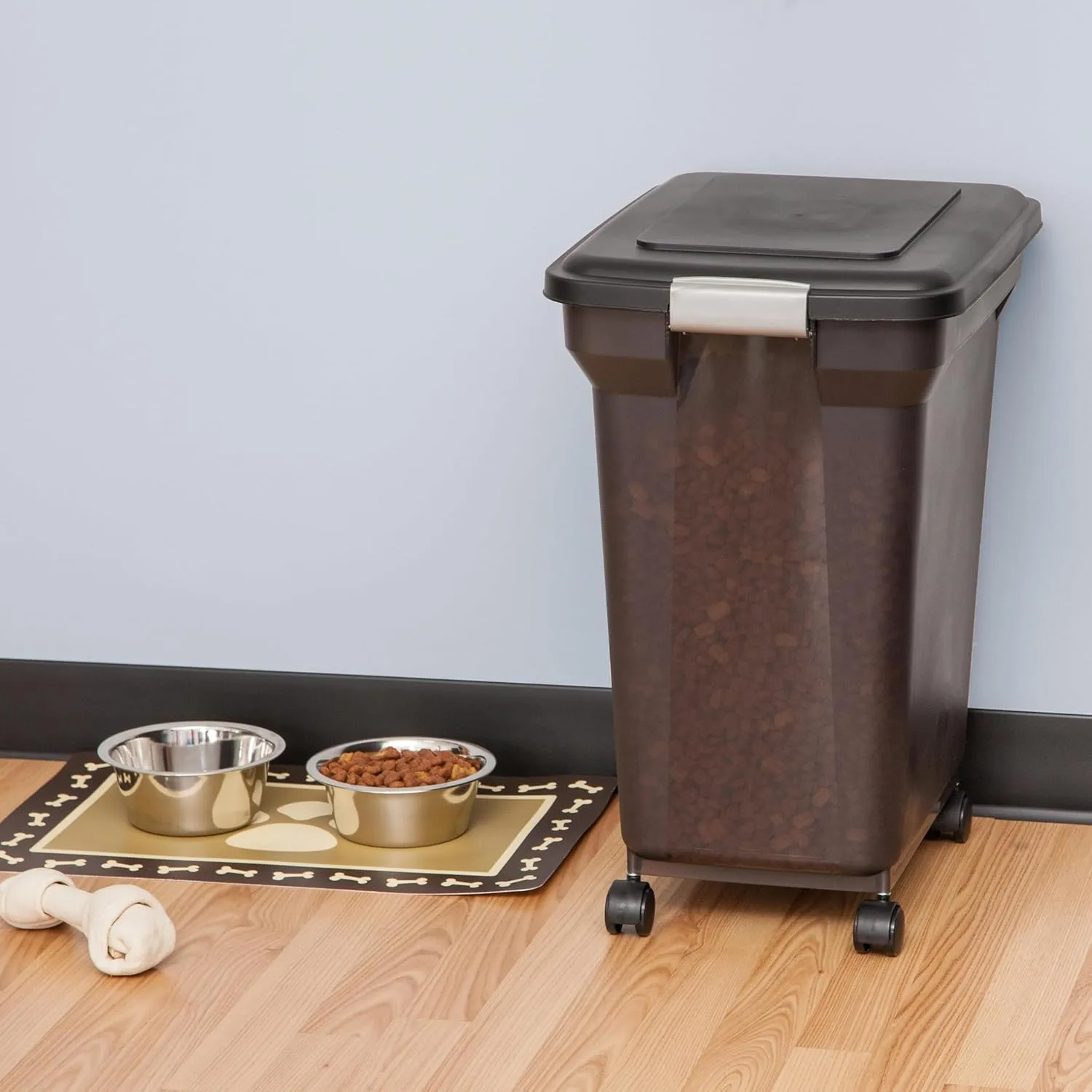 IRIS USA Airtight Dog Food Storage Container, WeatherPro, Up to 40 lbs, Removable Wheels, for Dog Cat Bird and Other Pet Food Storage Bin, Keep Fresh, Translucent Body, Made in USA, Smoke/Black
