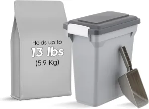 IRIS USA Dog Food Storage Container, Airtight Lid, 2-Cup Scoop, Up to 13 Pounds Pet Food Storage, Versatile Pet Food Bin, Treats, BPA Free, Gray/Dark Gray
