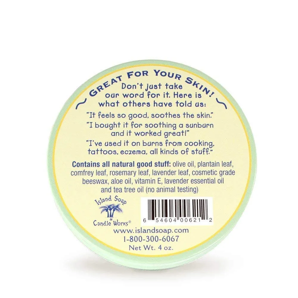 Island Soap & Candle Works Surfer's Salve - All Natural Skin Soothing Balm - Moisturizing Anti-Chafing Ointment for Insect Bites, Sunburn, Windburn, Chapped Lips, Rashes & New Tattoos - 4 Ounce