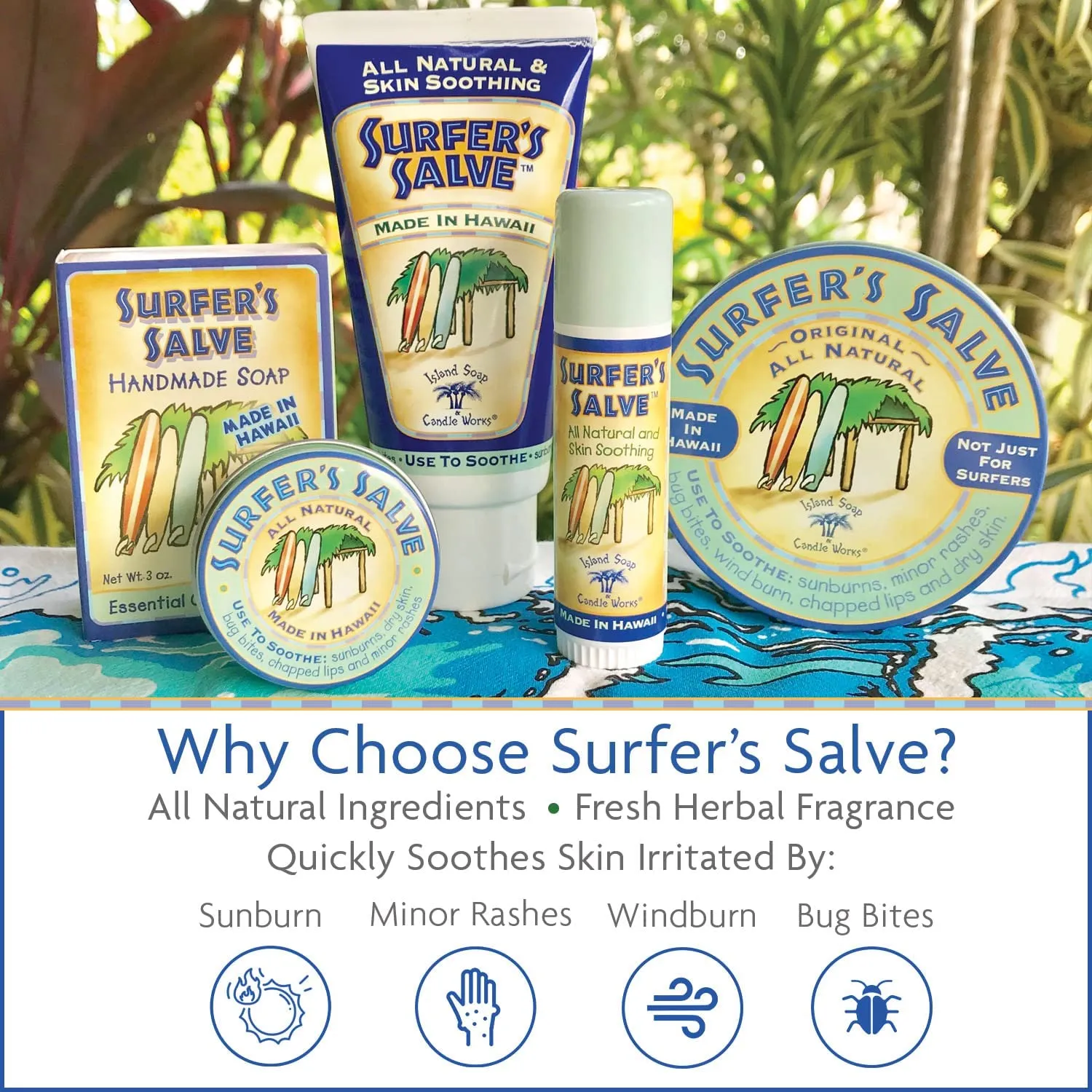 Island Soap & Candle Works Surfer's Salve - All Natural Skin Soothing Balm - Moisturizing Anti-Chafing Ointment for Insect Bites, Sunburn, Windburn, Chapped Lips, Rashes & New Tattoos - 4 Ounce