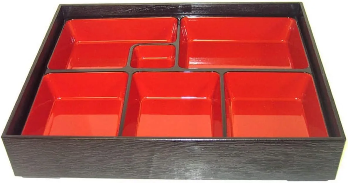 JapanBargain, Red and Black Japanese Traditional Plastic Lacquered Lunch Bento Box 6 Compartments for Restaurant or Home Tray and Plate Set Made in Japan (12, 11.75"x9.5")