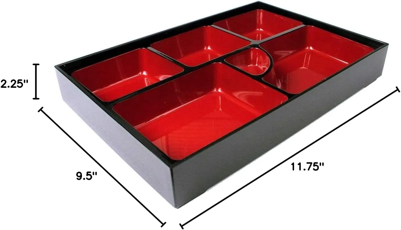 JapanBargain, Red and Black Japanese Traditional Plastic Lacquered Lunch Bento Box 6 Compartments for Restaurant or Home Tray and Plate Set Made in Japan (12, 11.75"x9.5")