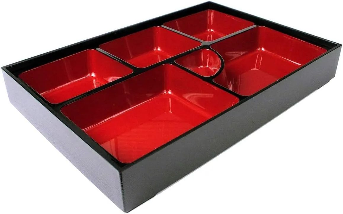 JapanBargain, Red and Black Japanese Traditional Plastic Lacquered Lunch Bento Box 6 Compartments for Restaurant or Home Tray and Plate Set Made in Japan (12, 11.75"x9.5")