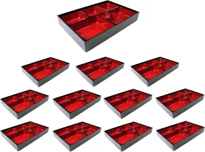 JapanBargain, Red and Black Japanese Traditional Plastic Lacquered Lunch Bento Box 6 Compartments for Restaurant or Home Tray and Plate Set Made in Japan (12, 11.75"x9.5")