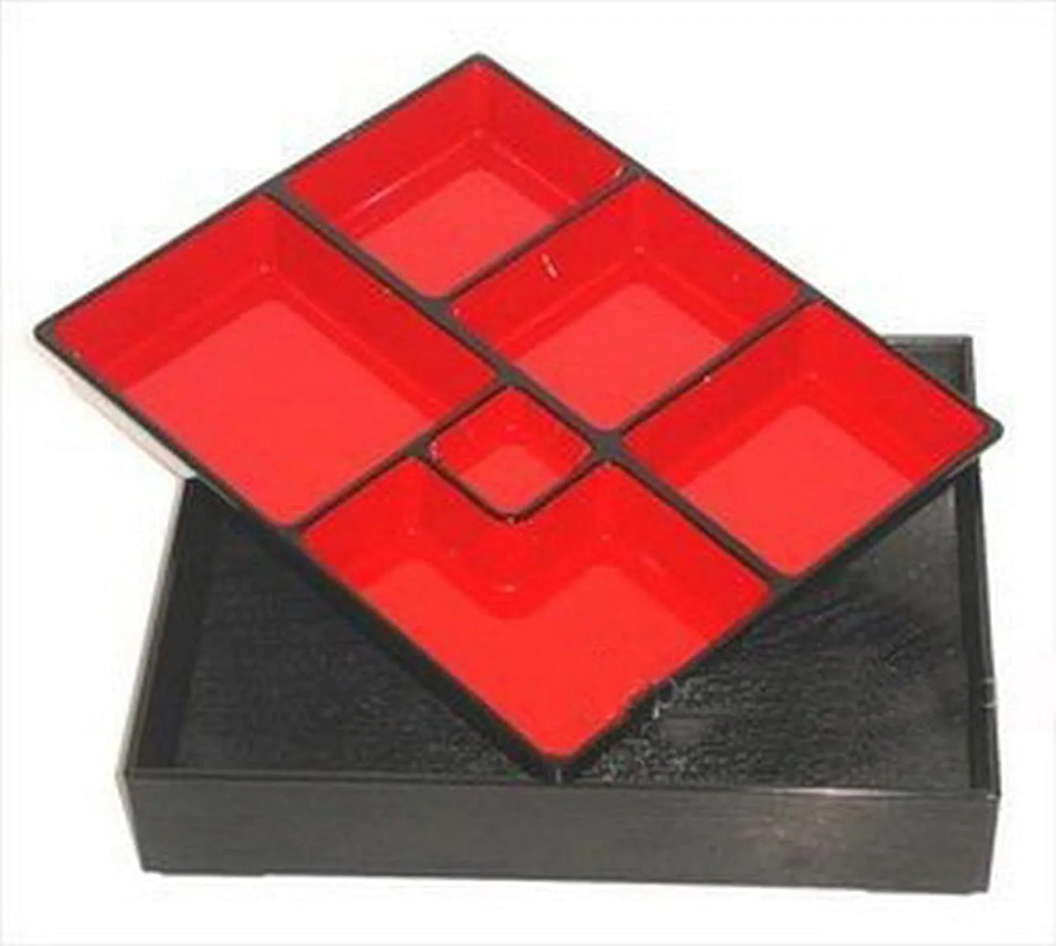 JapanBargain, Red and Black Japanese Traditional Plastic Lacquered Lunch Bento Box 6 Compartments for Restaurant or Home Tray and Plate Set Made in Japan (12, 11.75"x9.5")