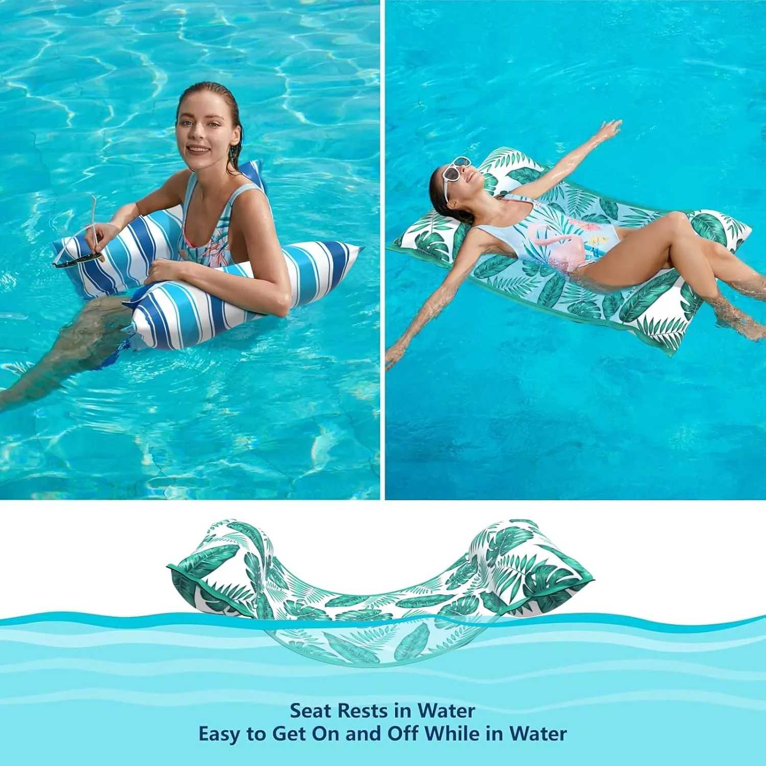 Jasonwell Water Hammock Pool Floats - 2PACK Fabric Inflatable Pool Hammock Float Floaties 4 in 1 (Saddle Lounge Chair Drifter) Lake Beach Floating Loungers Swimming Pool Rafts Toys for Adults