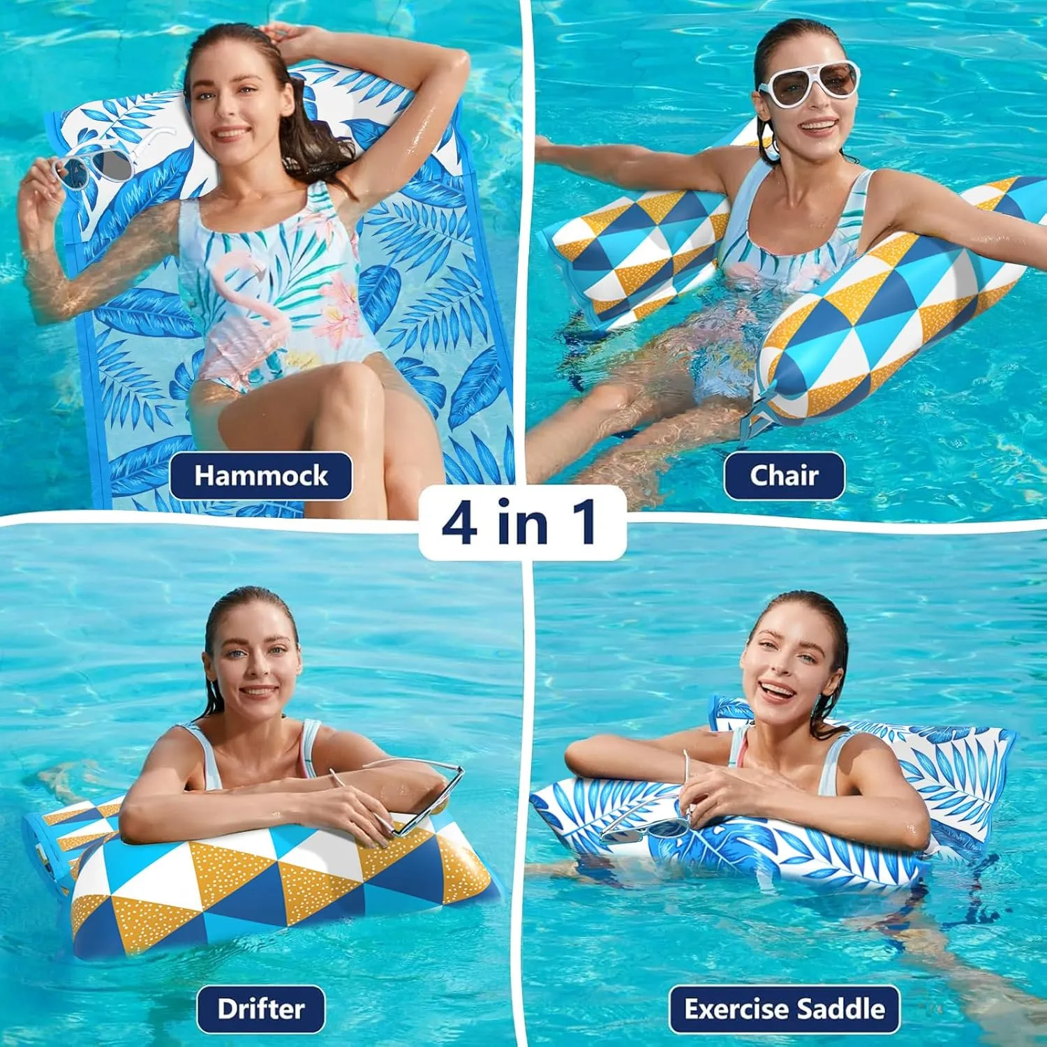 Jasonwell Water Hammock Pool Floats - 2PACK Fabric Inflatable Pool Hammock Float Floaties 4 in 1 (Saddle Lounge Chair Drifter) Lake Beach Floating Loungers Swimming Pool Rafts Toys for Adults