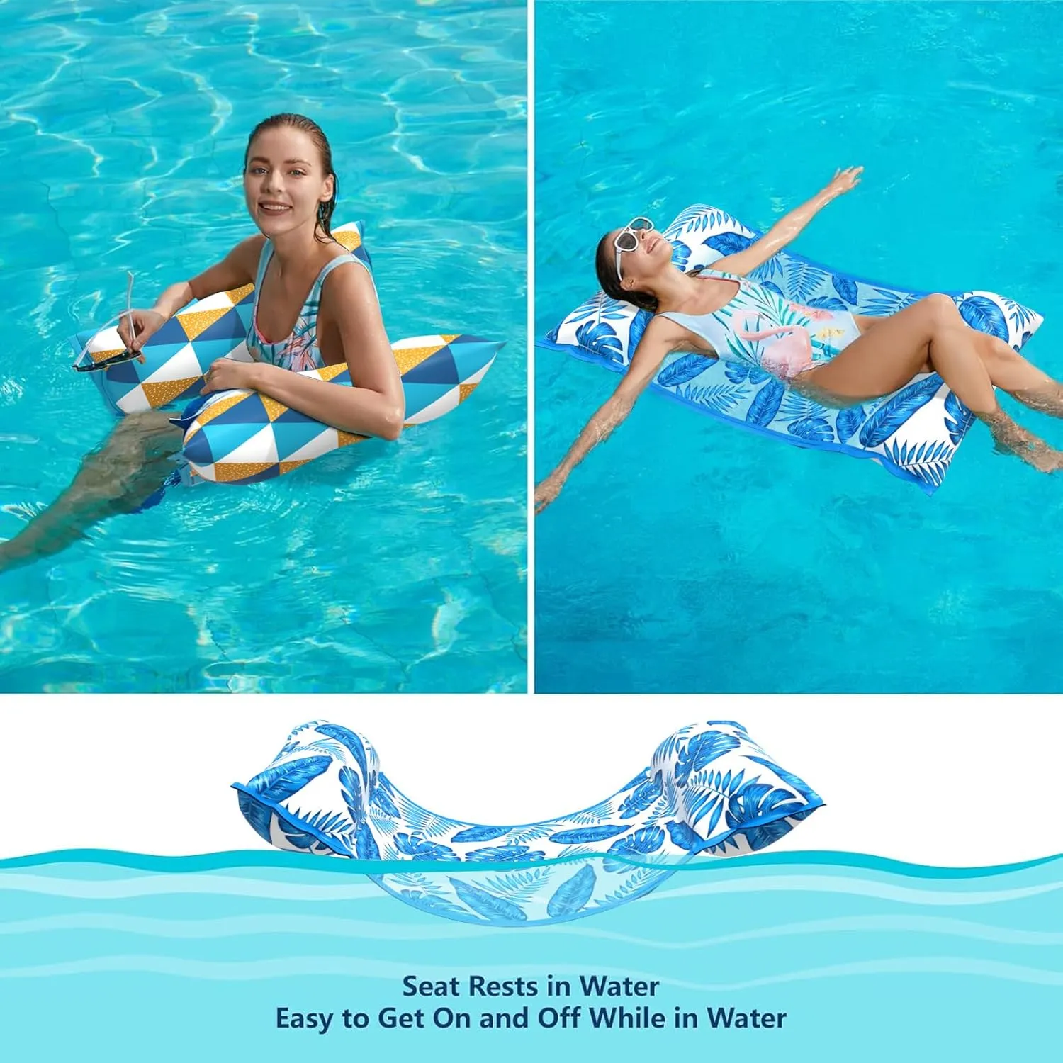 Jasonwell Water Hammock Pool Floats - 2PACK Fabric Inflatable Pool Hammock Float Floaties 4 in 1 (Saddle Lounge Chair Drifter) Lake Beach Floating Loungers Swimming Pool Rafts Toys for Adults
