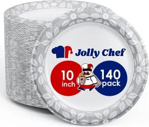 JOLLY CHEF 10 inch 140 Pack Disposable Paper Plates,Soak Proof, Cut Proof, Heavy Duty Printed Paper Plates for Everyday Use