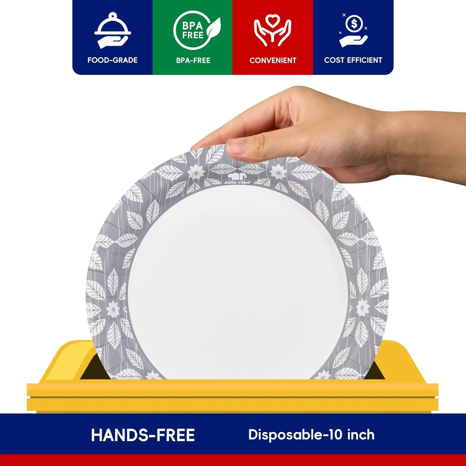 JOLLY CHEF 10 inch 140 Pack Disposable Paper Plates,Soak Proof, Cut Proof, Heavy Duty Printed Paper Plates for Everyday Use